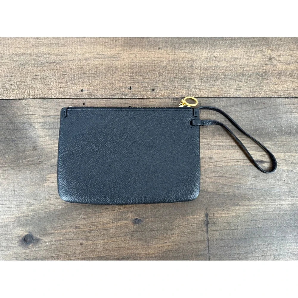 Tory Burch Black Perry Bombe Wristlet Pebbled Leather Pouch Gold Hardware Clutch
